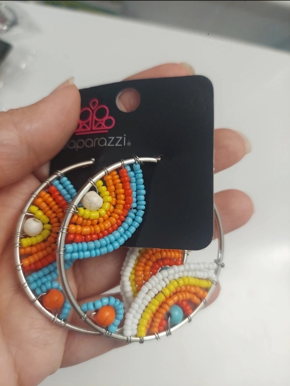 paparazzi Turquoise Orange Yellow White Beaded Hoop Earrings